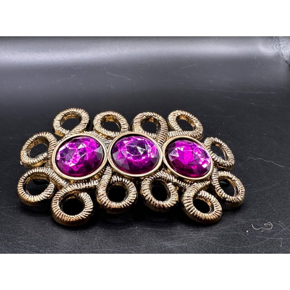 Gold textured‎ Large twisted 3 Purple stones hair barrette snap tight clip Vtg